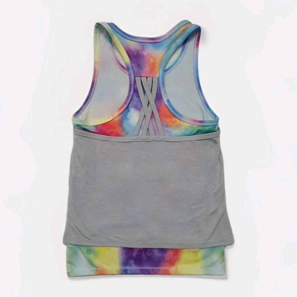 So Active Tank Top Womens Small Gray Rainbow Tie Dye Layered Workout Athletic Sm